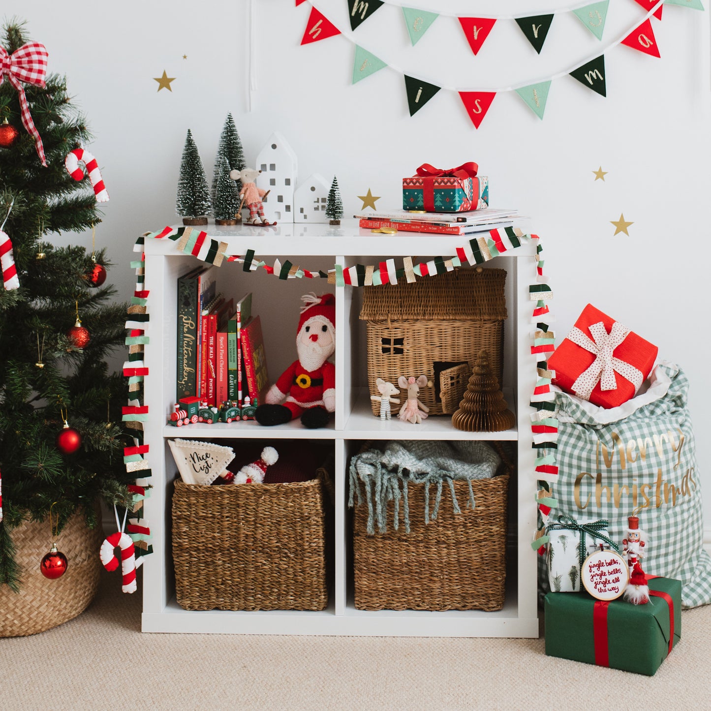 Red and green Christmas room decor