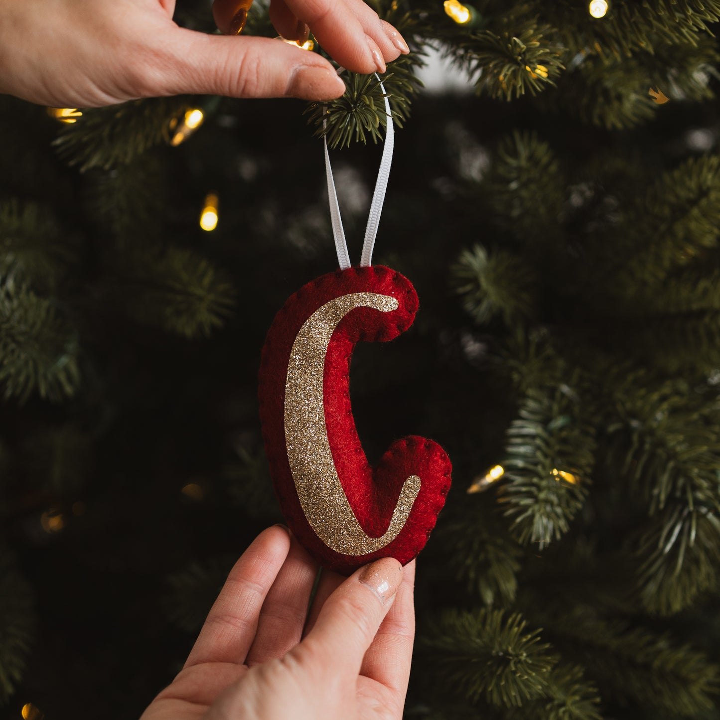 Red and gold letter ornament held in front of a Christmas tree.