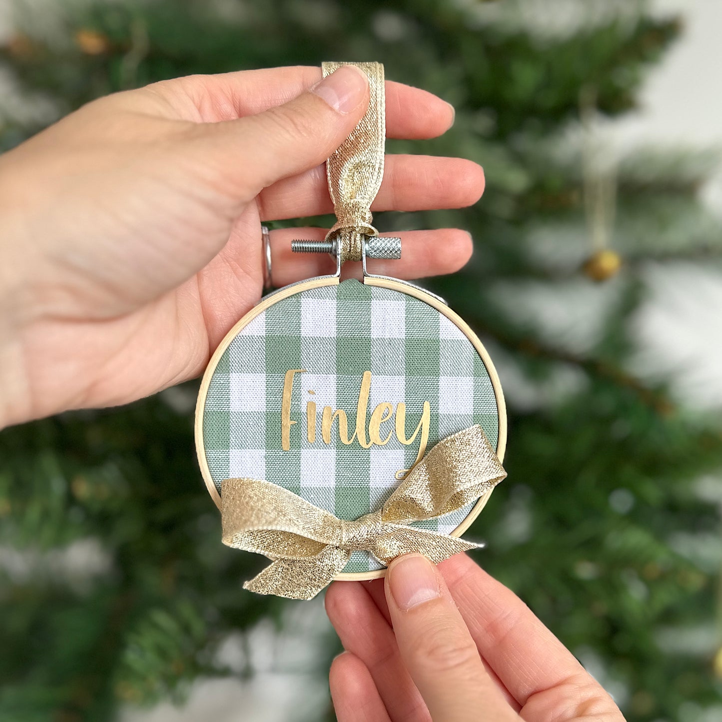 Personalised green check hoop decoration for Christmas tree