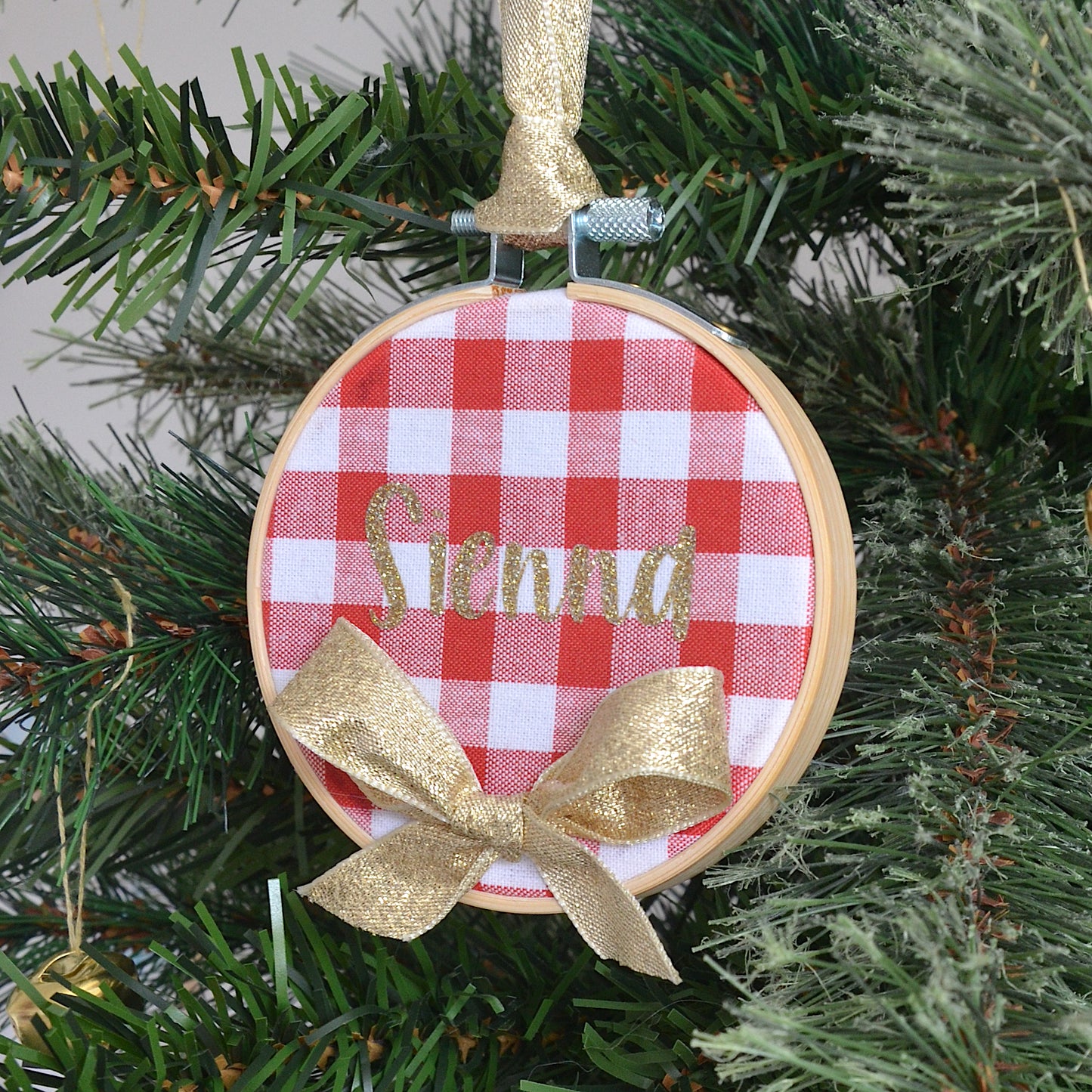 Red Check Personalised Christmas decoration