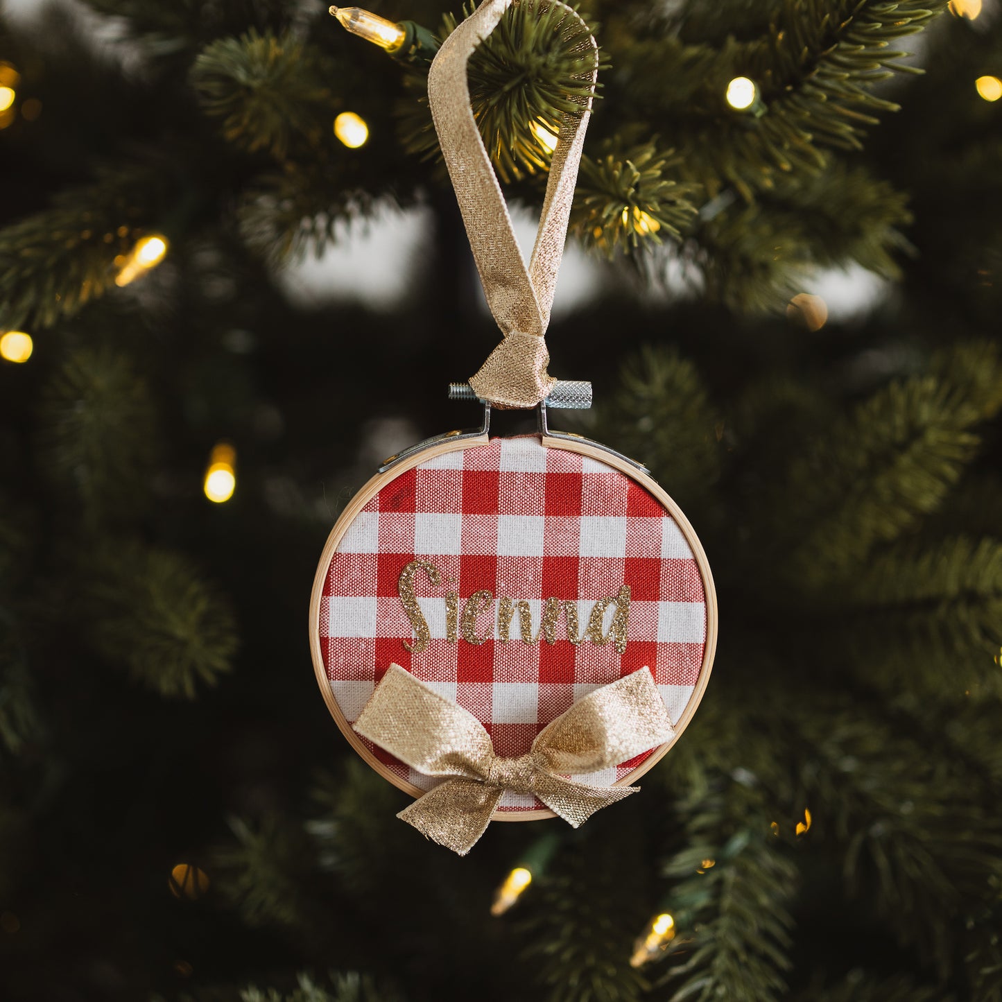 Personalised red hoop hanging Christmas decoration
