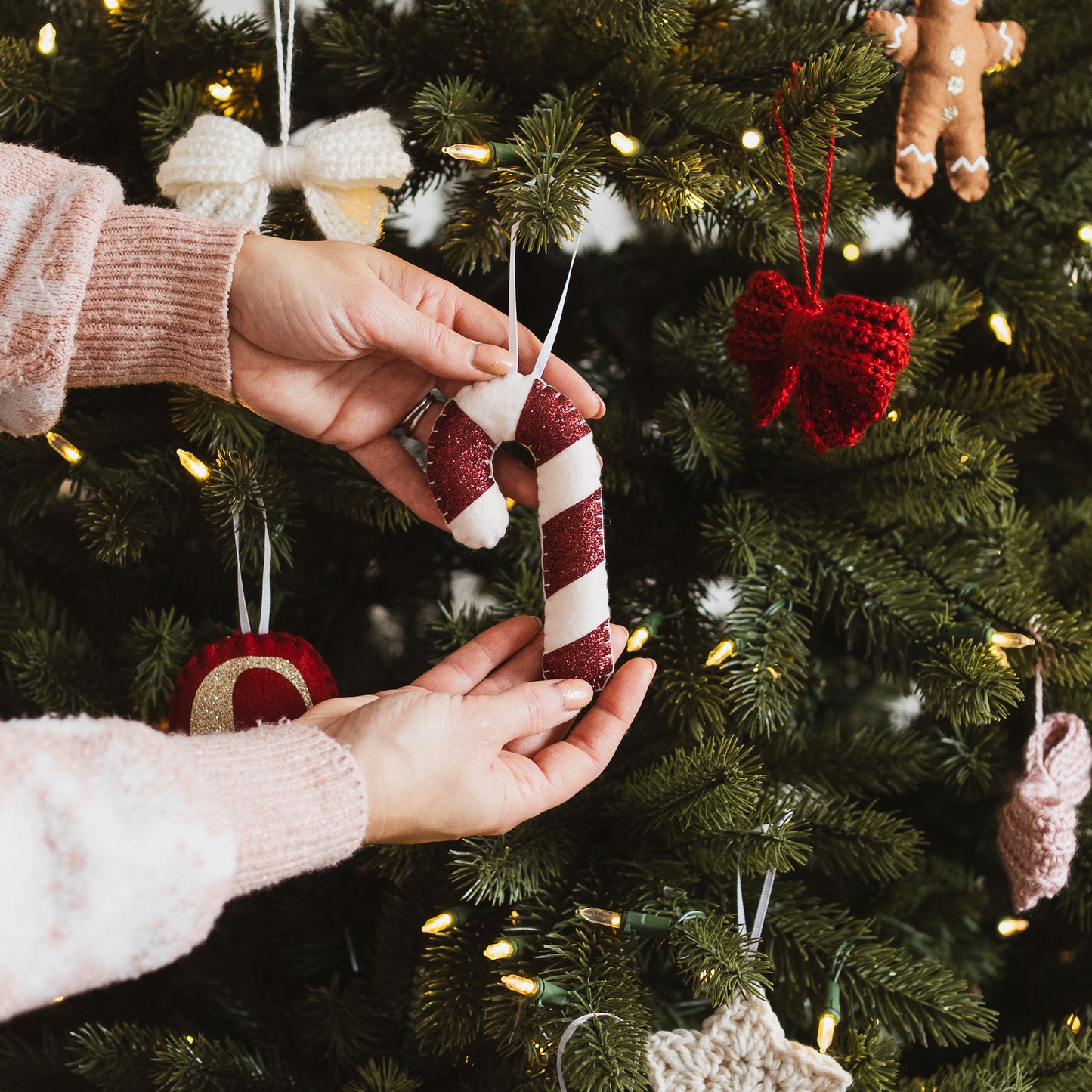 red candy cane ornament for Christmas tree