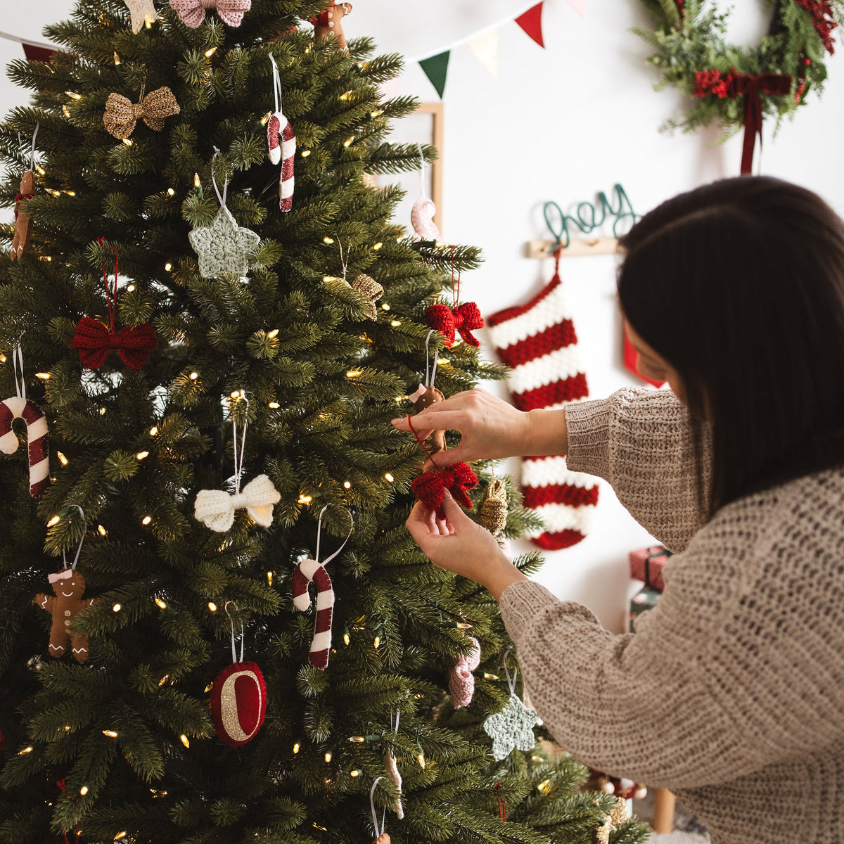 Christmas tree decorations in classic red and green