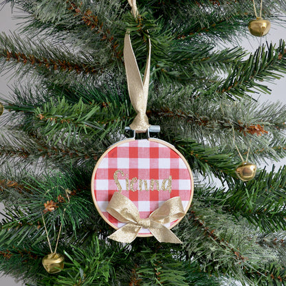 Name Christmas tree decoration in red check