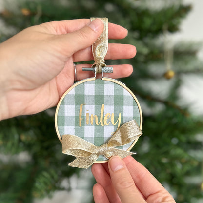 Personalised green check hoop decoration for Christmas tree
