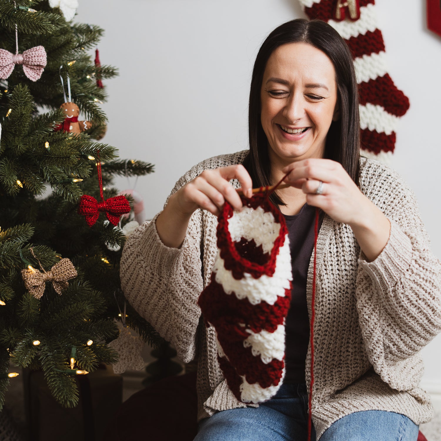 red stripe crochet Christmas stocking handmade in the UK