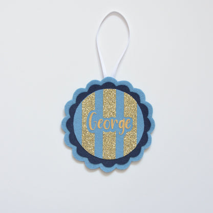 personalised tree decoration for Christmas in blue