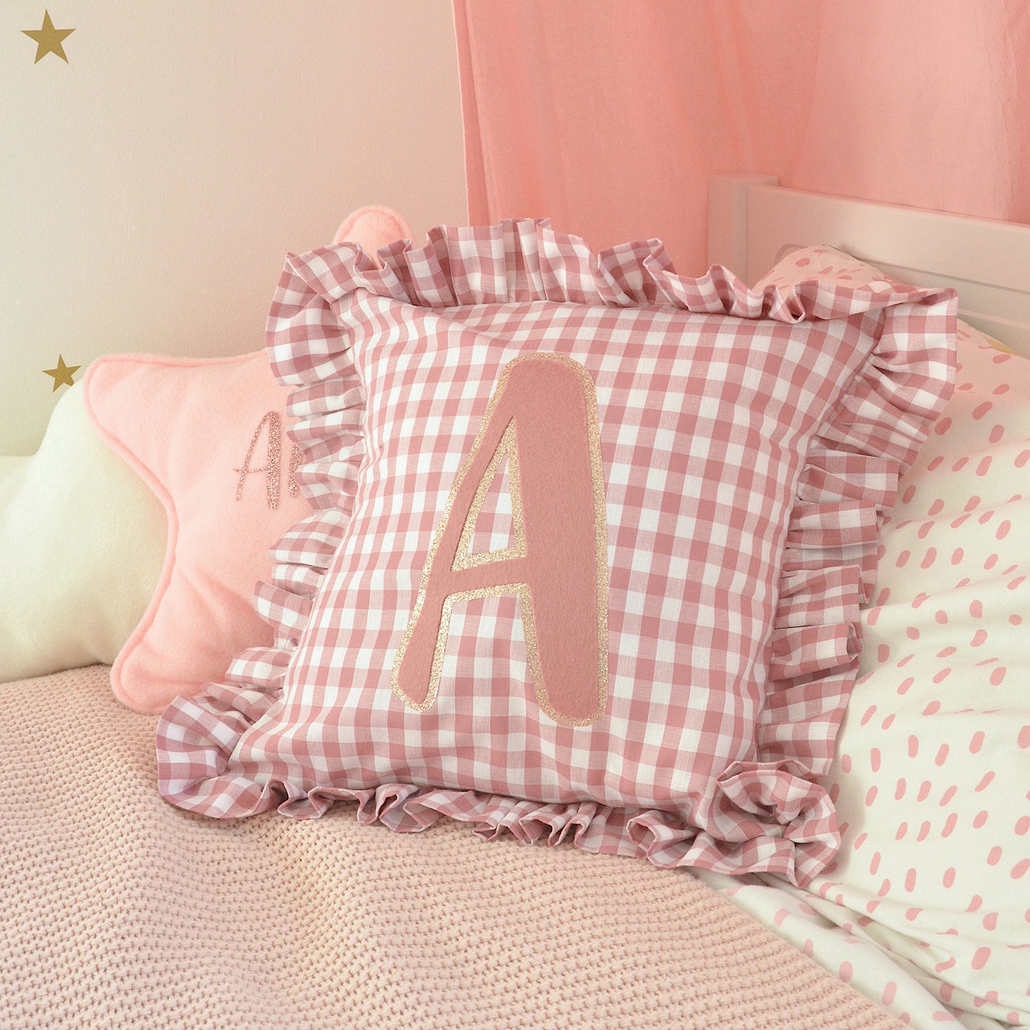 Rose Pink Gingham Ruffle Cushion