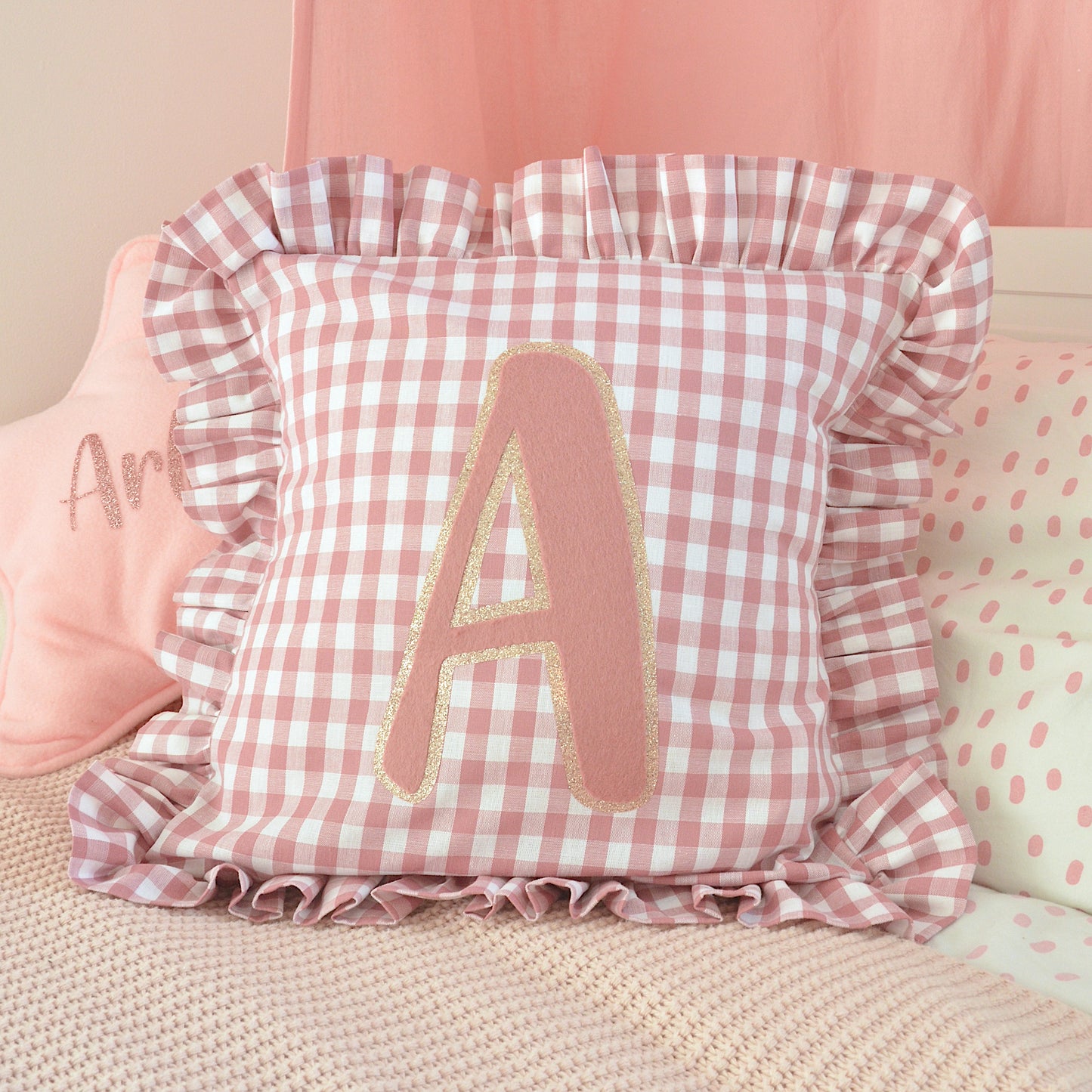 Rose Pink Gingham Ruffle Cushion