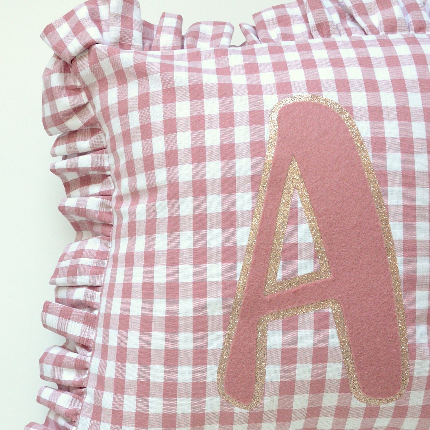 Rose Pink Gingham Ruffle Cushion