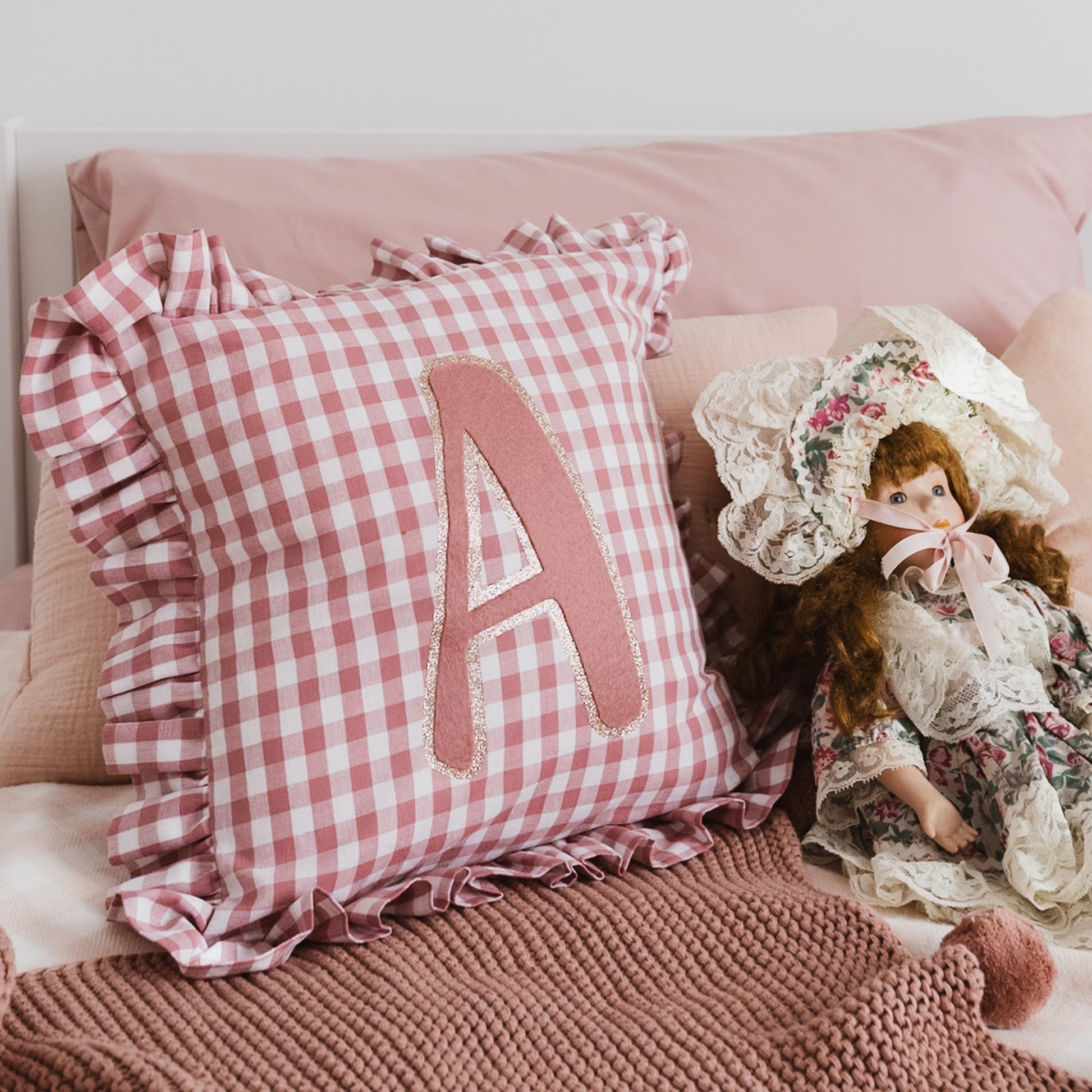 personalised pink ruffle cushion