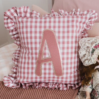 pink ruffle cushion. Monogram decor for kids