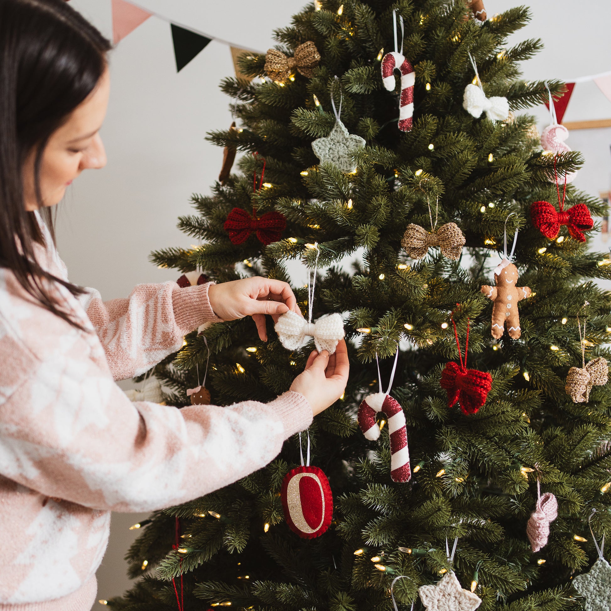 red and green Christmas tree decorations