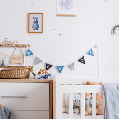 blue personalised bunting for boy's bedroom