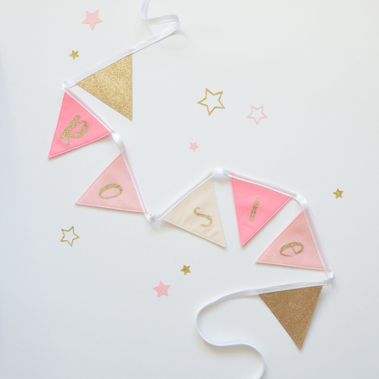 Personalised bunting. Gold and pink bedroom decor